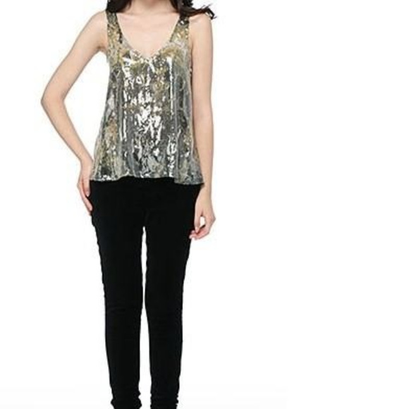Distressed Print Sequin Front TANK TOP Sheer Back - Picture 3 of 8
